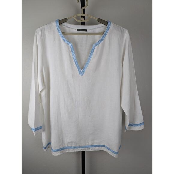 For Cynthia white linen tunic top turquoise blue stitching detail measures 3X - Picture 1 of 6